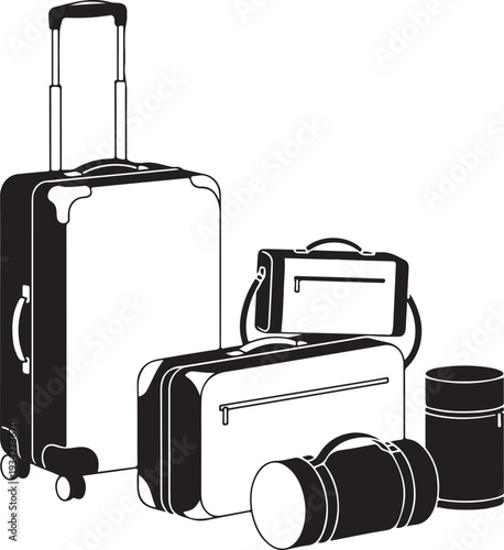 Black and white illustration of various travel luggage and accessories