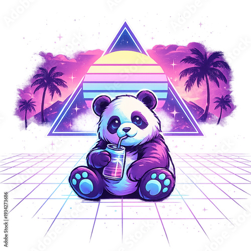 vaporwave panda sipping soda in neon world, retro futuristic animal illustration, chill panda character design, glowing pink and electric blue palette, neon grid floor background, holographic sunset h
