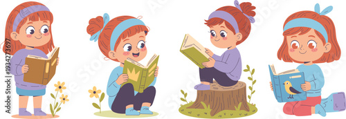 Cartoon girl reading books in different poses with plants, flowers, nature elements, educational children illustration for learning and storytelling