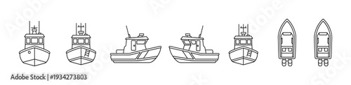 Fishing boats and small vessels vector outline icons illustrating maritime transportation and recreation.