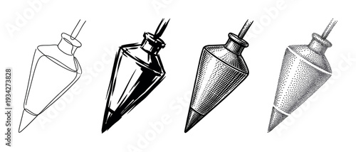 Four different plumb bobs illustrated in various artistic styles, showcasing diverse drawing techniques for construction and measurement tools.
