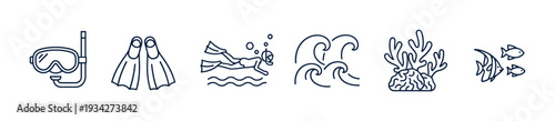 Marine life and snorkeling equipment outline icons represent underwater exploration and ocean adventures.