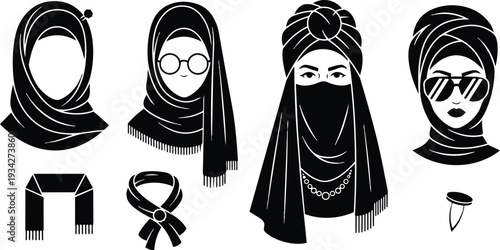 Vector art front view hijab and niqab turban icons set showing close up faces with glasses sunglasses scarf pins black and white minimalist headscarf portrait style
