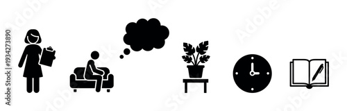 Counseling session elements icons illustrate the therapeutic process, involving discussion, thought, and record-keeping.
