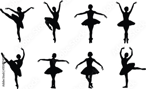 Ballet Dancer Silhouette Collection Vector Illustration, Graceful Ballerina Poses in Tutu Isolated on White Background Classical Dance Performance Set Design