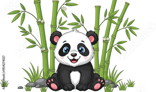 Cute cartoon baby panda bear sitting in a bamboo forest with green stalks and leaves isolated on white background for nursery decor and children.