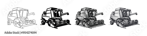 Combine harvester farm vehicle depicted in a variety of unique artistic illustration styles, showcasing different graphic design techniques.