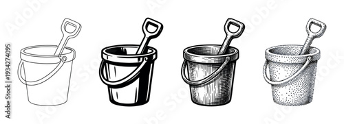 Sand bucket and shovel illustrations in various artistic styles, perfect for summer beach activities.