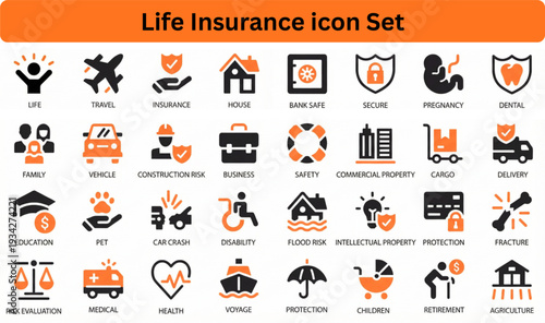 Life insurance icon set silhouette vector on white background 