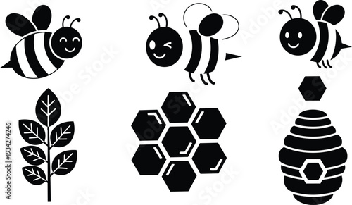 Minimalist vector honeybee icons showing three smiling bees with honeycomb and beehive and leaf emblems in simple flat silhouette style side view optimized for web print