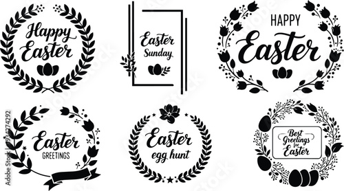 Minimalist black wreath easter badge six flat vector emblems with eggs floral branches laurel frames script lettering centered composition landscape arrangement ornamental silhouettes hand drawn style
