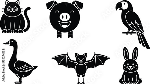 Flat design animal icon set with smiling cat sitting and pig face center parrot perched goose standing bat flying rabbit sitting black silhouettes on white background