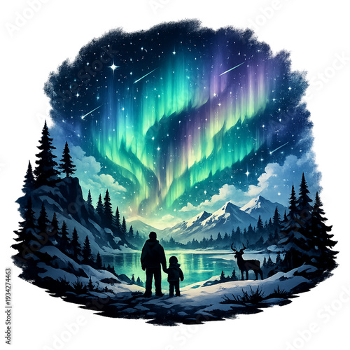 winter night the aurora, magical northern lights landscape illustration, glowing aurora borealis waves, deep midnight blue and emerald green palette, snowy mountain silhouettes detail, sparkling star 