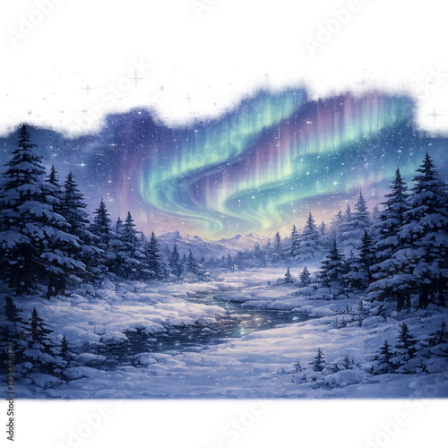 winter night under the aurora, enchanting northern lights landscape illustration, flowing aurora borealis ribbons across the sky, deep indigo emerald and teal palette, snow covered pine forest silhoue