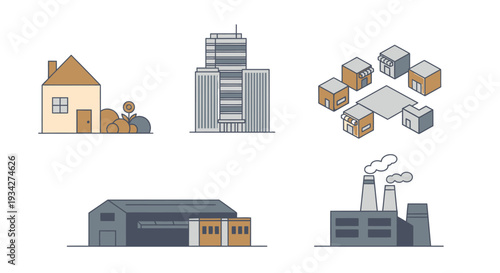 Vector illustration set depicting various types of buildings including residential house, commercial office, industrial factory, warehouse, and logistics network.