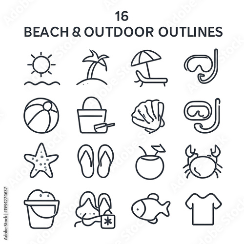 A collection of simple black line drawings depicting beach and outdoor related icons high quality