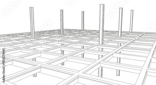 3D wireframe rendering of a structural grid framework with columns.