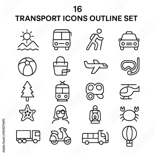 A collection of simple black outline icons representing various modes of transport and travel
