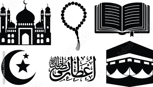 Minimalist monochrome mosque and kaaba icons with prayer beads open quran crescent star and arabic calligraphy flat design vector mockup png svg minaret dome silhouette emblem