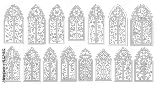 A collection of intricate gothic arched window designs with detailed floral and botanical patterns, presented as black and white line art.