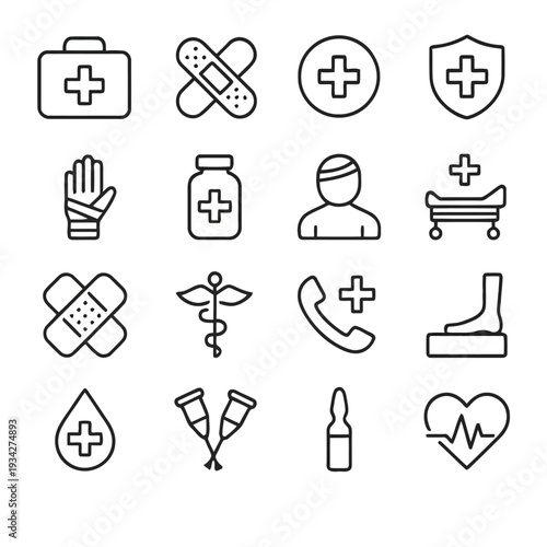 A collection of medical icons depicting healthcare emergency services and patient care concepts high quality