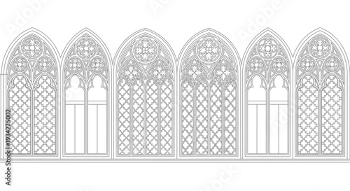 Intricate Gothic arched windows with detailed tracery and lattice patterns, architectural elements for a historical building.