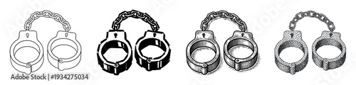 Handcuffs are presented as a set of four unique black and white illustrations, each with a distinct artistic style.