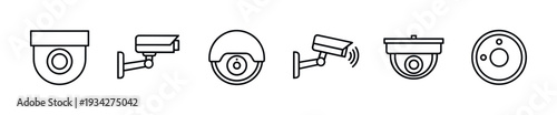 Security cameras surveillance system icons set in a modern outline style for web and mobile applications.