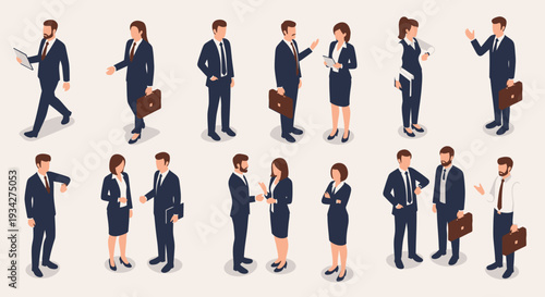 Isometric illustrations of diverse business people in various poses and interactions, suitable for corporate and professional contexts.