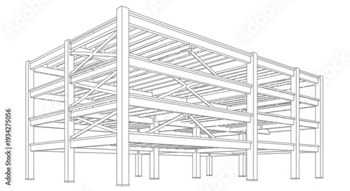 Wireframe rendering of a multi-story building's structural framework, showing columns, beams, and floor slabs.
