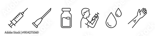 Collection of medical icons representing injections, vaccinations, blood tests, and pharmaceutical drug delivery.