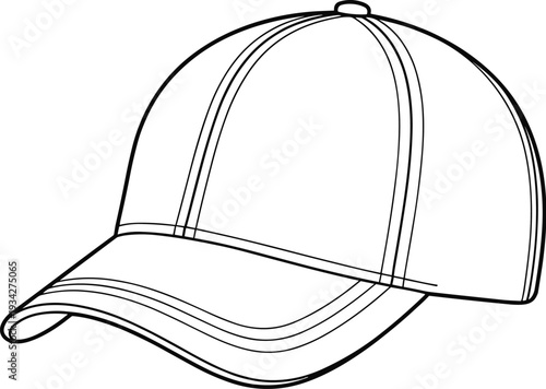 Classic baseball cap outline drawing, flat vector illustration of blank snapback hat design template isolated on white background