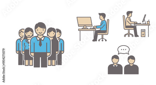 Business icons depicting a team, individuals working on computers, and two people communicating.