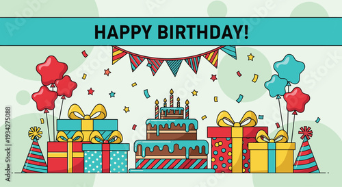 Collection of colorful birthday celebration elements featuring tiered cake with candles gift boxes balloons party hats and festive bunting banner