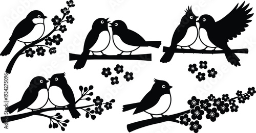 Minimalist silhouette vector art close up two small birds kissing on cherry blossom branch with one bird looking at camera side view flat black detailed playful