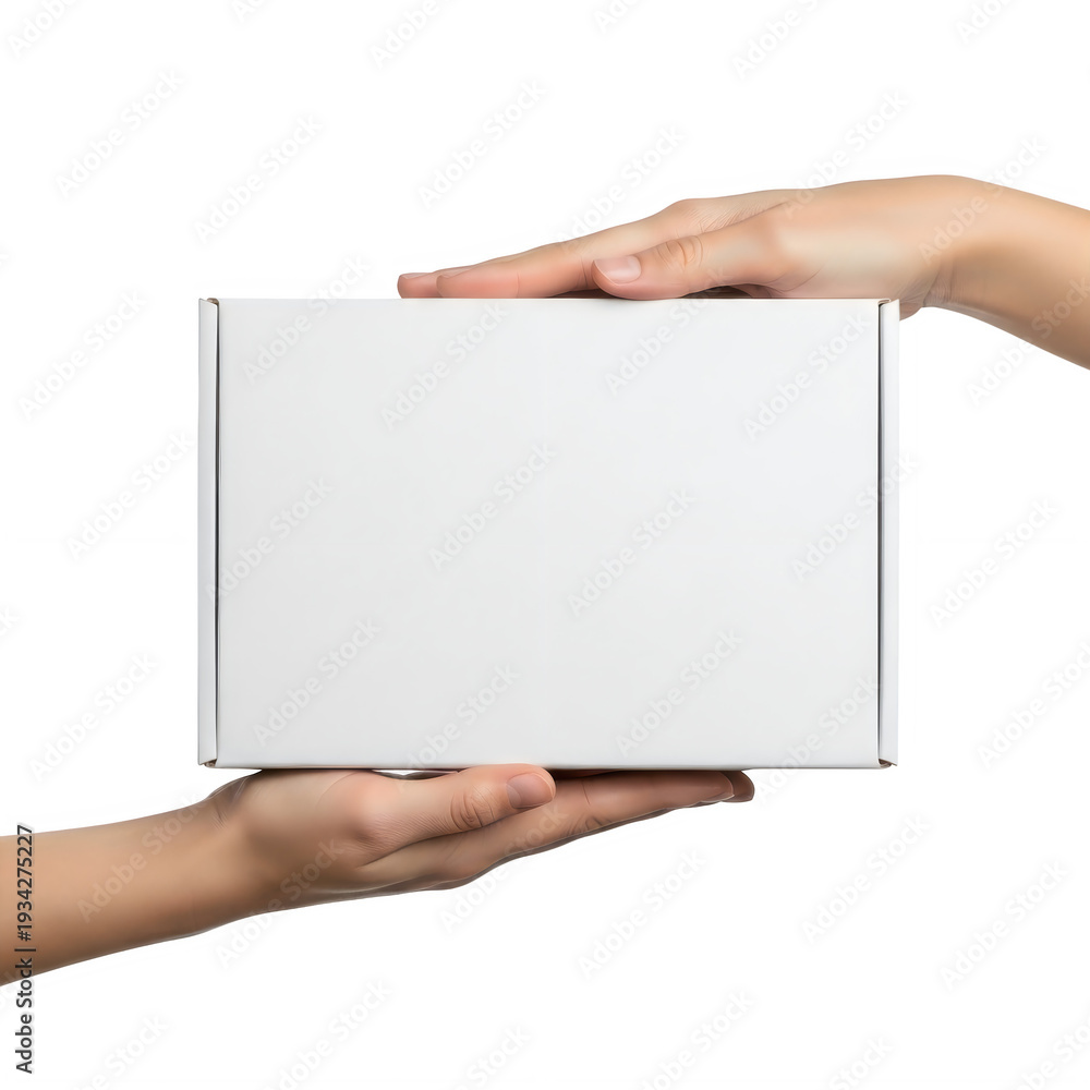 Obraz premium Two hands holding a blank white rectangular object against a white background