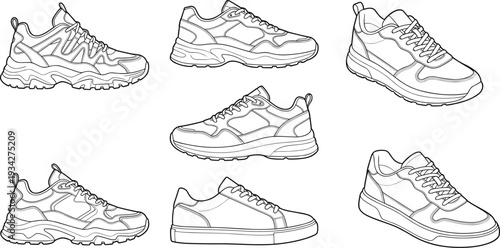 Sneaker outline collection set, multiple shoe styles, side perspective footwear sketches, minimal line art, flat vector illustration