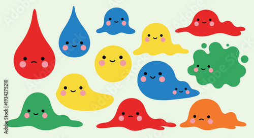 A collection of cute, colorful, cartoon blob characters with simple faces in various shapes and sizes, including drops, circles, and melted forms.