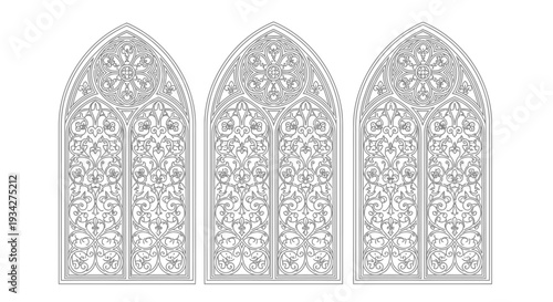 Three ornate gothic arched windows with intricate tracery and floral patterns, rendered in a detailed vector illustration style.