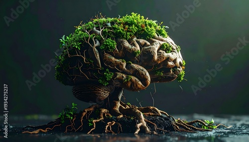 A surreal eco-friendly brain shaped structure with lush greenery and roots, symbolizing harmony between nature and technology, viewed from a slightly elevated perspective.