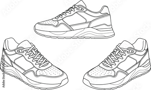 Sneaker outline illustration set, athletic footwear design, top front side views, clean line art, minimal flat vector illustration