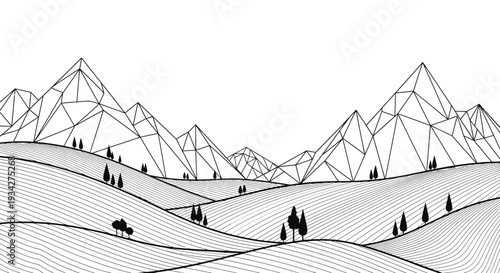 Black and white line art landscape with rolling hills and abstract geometric polygonal mountains in the background, featuring small trees.