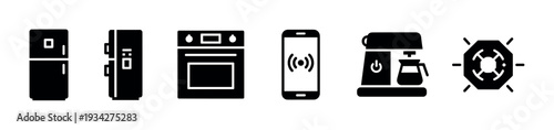 Household appliances and smartphone icon set featuring various modern devices for home and kitchen technology.
