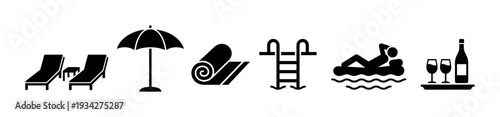 Swimming pool vacation leisure activity icons set depicting various elements for relaxation and enjoyment at a resort.