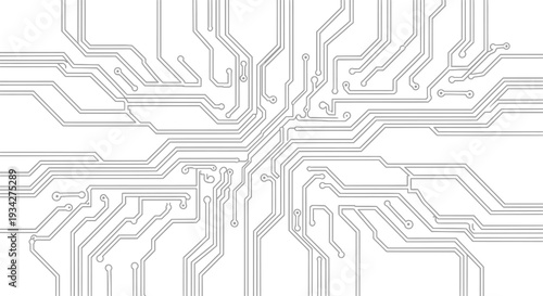 Abstract light grey circuit board pattern on a white background, representing modern technology and digital connections.