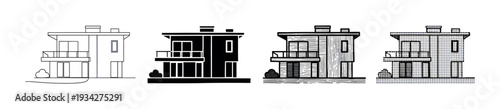Modern house building architecture icon set illustration showing different graphic styles for design elements.