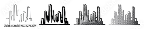 City skyline illustrations presented in a collection of diverse artistic styles and graphic design techniques.