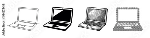 Four distinct laptop illustrations showcasing various artistic styles and rendering techniques for modern computing devices.