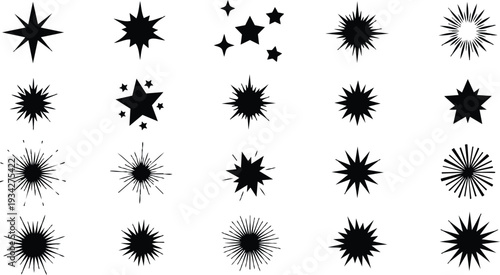 Minimalist vector starburst icon set top view assorted pointed bursts in black solid silhouettes arranged grid for logo accents svg png mockup simple flat design collection