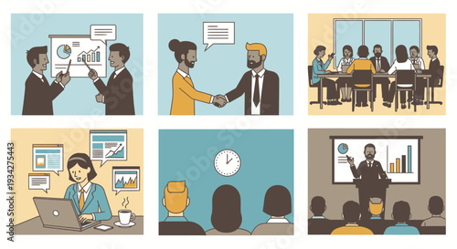 A collection of business scenarios including presentations, meetings, negotiations, and individual work, illustrating various aspects of corporate life.